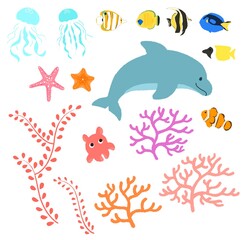 海の中の魚とイルカ