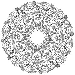 Heart mandala with swirls and patterns, anti stress coloring page for Valentine's day
