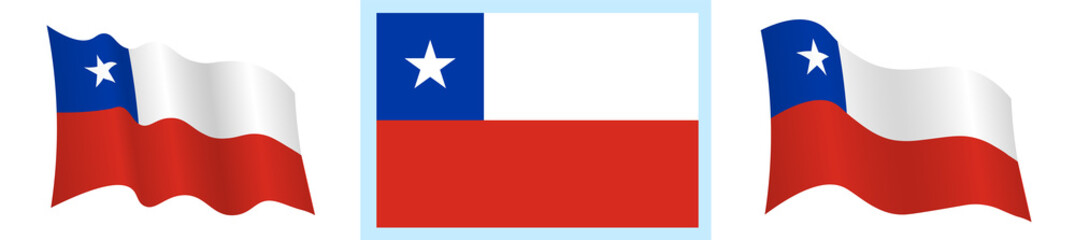 Chile flag in static position and in motion, fluttering in wind in exact colors and sizes, on white background