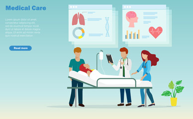 Doctors diagnosis patient in hospital bed with medical records background. Idea for medical and healthcare concept. 