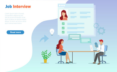Businessman interview young woman for Job vacancy position. Idea for job hiring and recruitment concept. Vector Illustration.