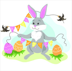 Obraz premium Postcard for Easter. The bunny is holding a Happy Easter garland. Painted easter eggs