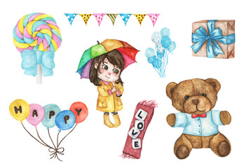 Cute watercolor romantic illustration set of design elements.