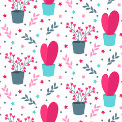 Valentines day pattern. Flowers in pots, stylized hearts. Vector illustration in pink and blue colors. For packaging, decoration, scrapbooking, fabric. 