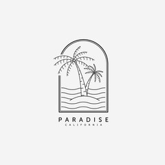 Palm or Coconut Line Art Logo Vector Illustration Design. Vintage Hand Drawn Palm Logo Badge Template Design. Sunset In The Island Logo Concept