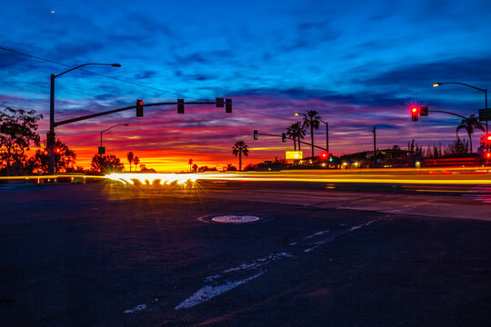 Shutter speed shot of car light during sunset