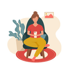 Woman sitting in chair and surfing internet. Woman with smartphone in her hands. Conversation from home. Stay home and be online. Vector illustration 