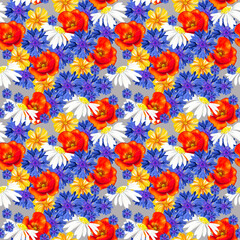 Seamless pattern with wildflowers: poppy, cornflower, chamomile and herbs.