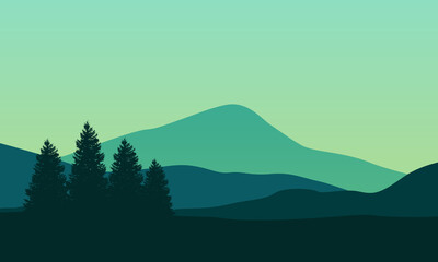 Nice scenery spruce and mountains on the morning of the city edge. Vector illustration