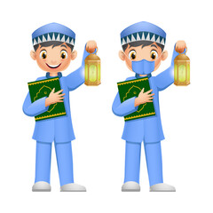 Happy muslim boy holding quran book with ramadan lantern and wearing face mask