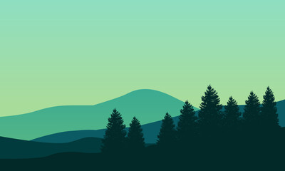 Realistic mountains landscape with morning trees panorama. Vector illustration