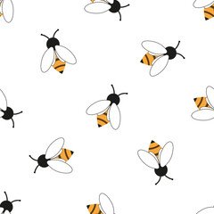 Seamless pattern. Flying bees or wasps. Endless pattern of insects on a white background. For textile decoration, packaging and decoration. Vector illustration. Flat style.