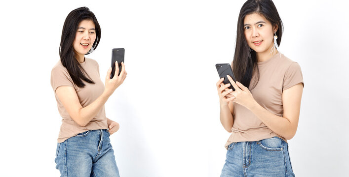 Multiple Image Of Woman Using Phones Against White Background