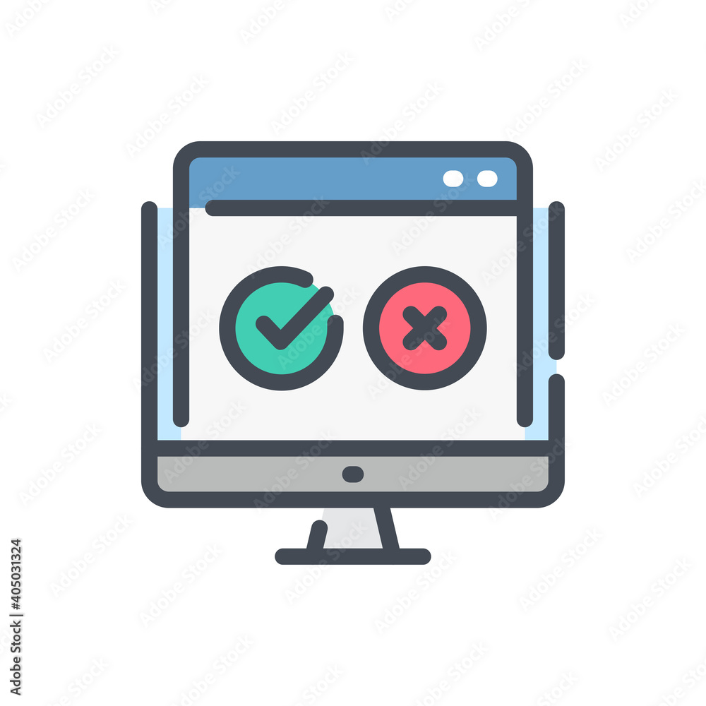 Poster online survey color line icon. computer with open tab and checklist vector outline colorful sign.