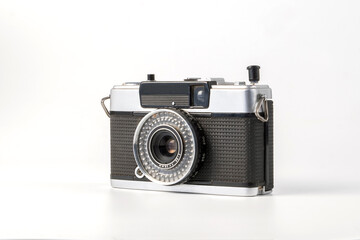 Antique old fashion film camera front view isolated on white background including clipping path