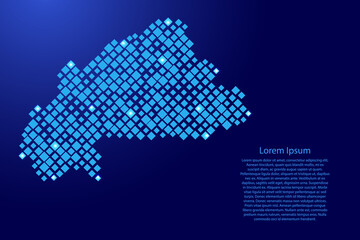 Obraz premium Burkina Faso map from blue pattern rhombuses of different sizes and glowing space stars grid. Vector illustration.