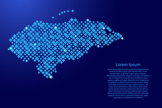 Honduras map from blue pattern rhombuses of different sizes and glowing space stars grid. Vector illustration.