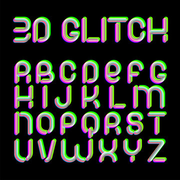 3d Glitch effect font. Latin letters from A to Z. Trending 2021 typerface design. For music events, banner, flyer, cover design.