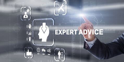 Expert advice. Businessman hand touching inscription on virtual screen.