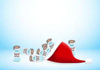 COVID-19 Vaccine vial in Santa Claus hat.
Vaccination and immunization concept.
Gift set for health concept.