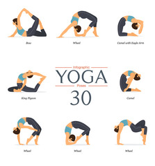 Set of 8 yoga poses or asana posture in flat design. Beauty woman in blue sportswear and black yoga pants is doing exercise for body stretching. Yoga infographics.