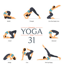 Set of 8 yoga poses or asana posture in flat design. Beauty woman in blue sportswear and black yoga pants is doing exercise for body stretching. Yoga infographics.