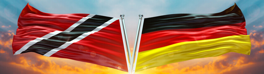Fototapeta na wymiar Double Flag Germany and Trinidad and Tobago flag waving flag with texture sky background