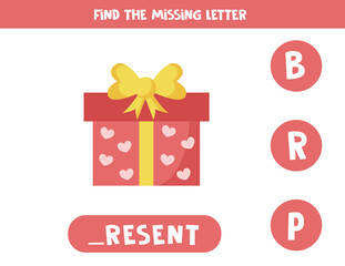 Find missing letter with valentine gift box. Spelling worksheet.