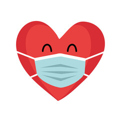 Red heart cartoon wearing protective mask. Love in covid19 Coronavirus quarantine pandemic times. Design for Valentine’s Day greeting card, poster, banner.