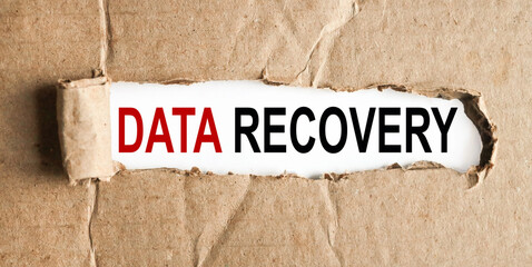 DATA RECOVERY. text on white paper on torn paper background