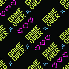 Obraz premium Pixel game over and hearts pattern. Seamless vector background for fabric, textile, wrapping, cover etc.