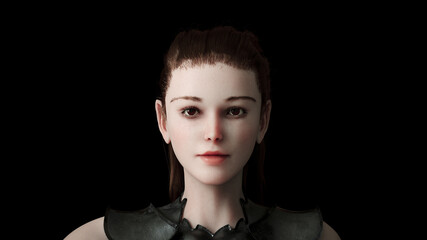 Beautiful portrait of a woman, Girl looking at the camera, beautiful light Steel armor, Realistic 3d render model with dark red eyes