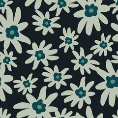 Grey random flowers simple print seamless pattern. Dark navy blue background. Botanic artwork.