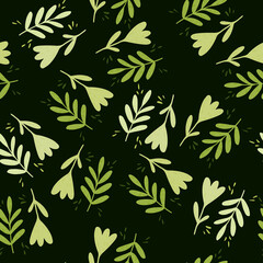 Seamless flora pattern with doodle branches and flower elements on dark green background.