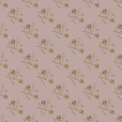 Pale tones seamless pattern with doodle beige skull and bones silhouettes. Lilac pastel background.