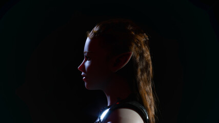 Beautiful portrait of a woman, Side view of the girl. Cold Night light. Steel armor, Realistic 3d render model with dark red eyes High quality 3d illustration