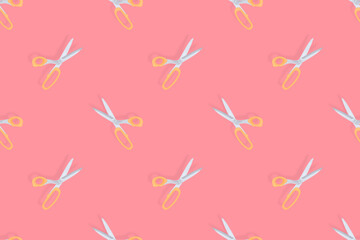 Scissors seamless pattern. Barber scissors against red background background.