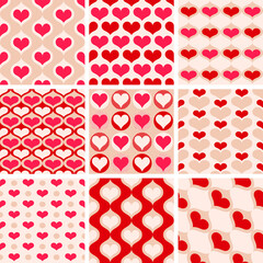 Set of seamless vector hearts patterns. Collection of Valentine's day backgrounds. For fabric, textile, wrapping, cover etc. 10 eps. Pack of love emotion hearts red patterns.