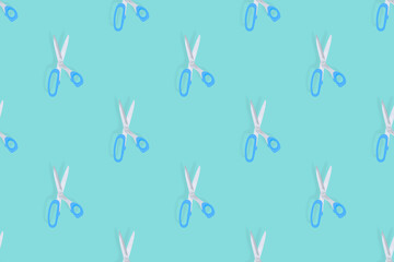Scissors seamless pattern. Hairdressing scissors against aquamarine background backdrop.