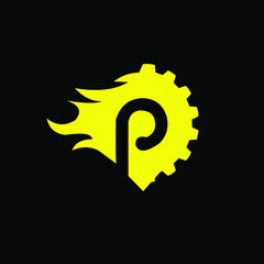 letter p with gear on black logo design creative idea