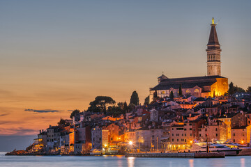 Fototapeta na wymiar View to the beautiful old town of Rovinj in Croatia after sunset