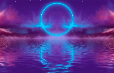 Fototapeten Violett Abstrakte Neonlandschaft mit Wolke, Neonreflexion im Wasser. Futuristische Landschaft, Neonkreis. Mehrfarbiger ultravioletter Hintergrund.  © MiaStendal