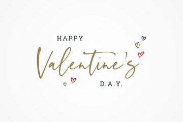 Happy Valentine's Day Card. Gold Text Handwritten Calligraphy Lettering with Red and Black Hearts Shapes Decorative Ornaments isolated on White Background. Flat Vector Design for Greeting Cards.
