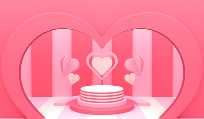Cute pink cylinder podium with love shape accent decorations and love frame background, mockup can be used for product display, branding, showcase, presentation, advertising, etc. 3D Render.
