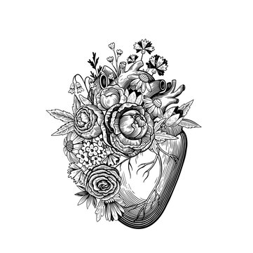 Vintage illustration of heart with flowers in tattoo engraving style. Black and white vector drawing.