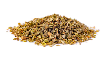 Pile of dried oregano leaves isolated on white background