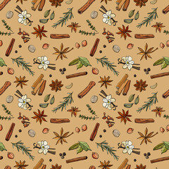 Seamless pattern with various spices. Hand-drawn style.