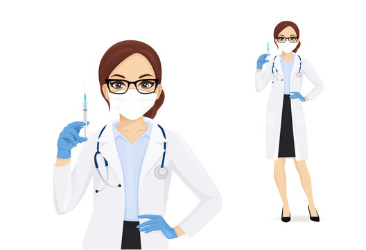 Female doctor character wearing protective medical mask and gloves holding syringe in hand isolated vector illustartion