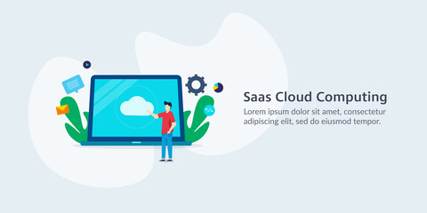 Cloud computing, data storage technology service with saas application. Businessman using saas software. Vector illustration.