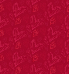 Geometric seamless pattern of pink doodle hearts with hatching on burgundy background. Scribble texture. Love on Valentines Day holiday. Vector festive wallpaper. Bright fabric